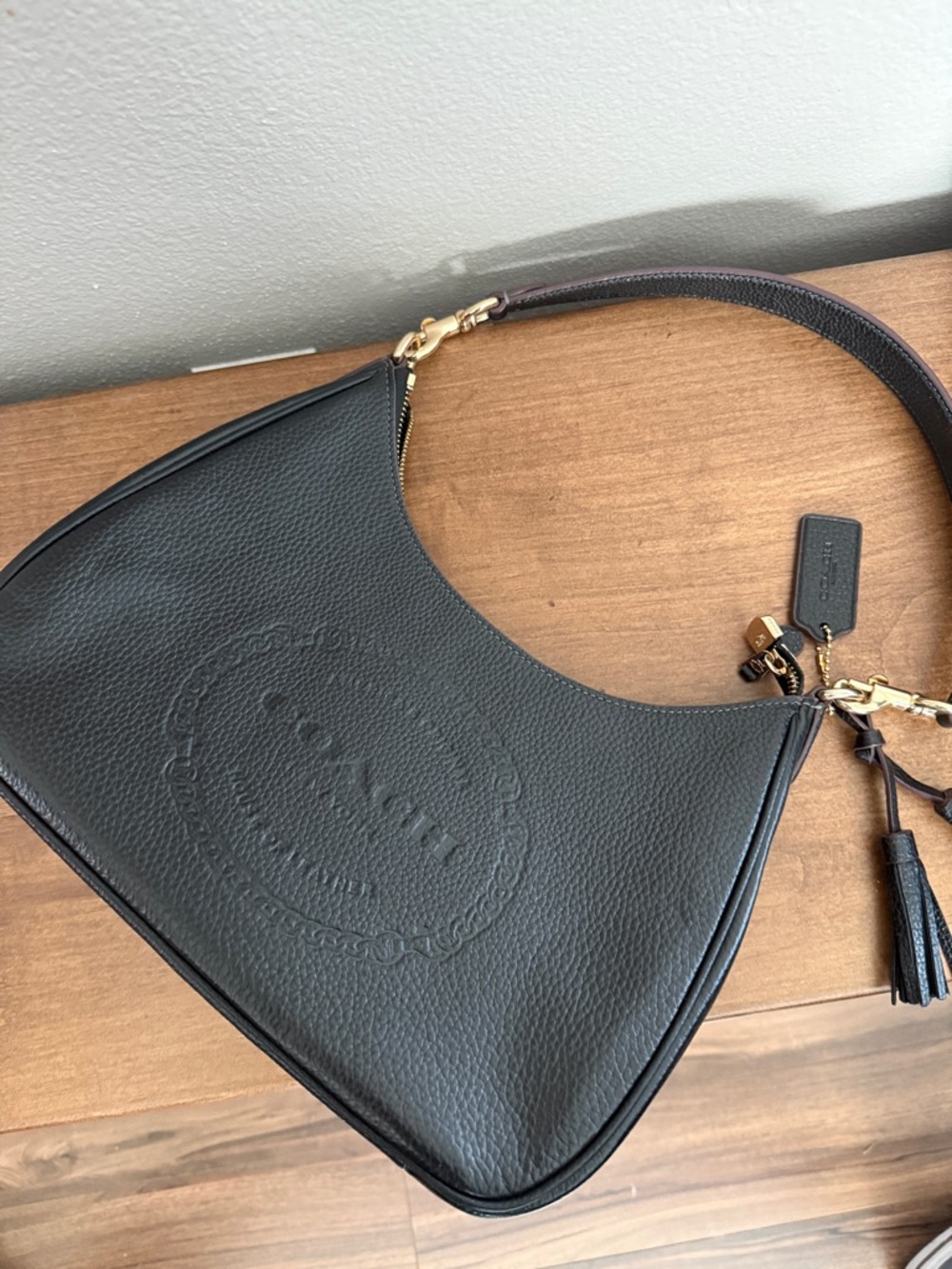 Coach Black Embossed Leather Hobo Shoulder Bag with Tassel Charm
